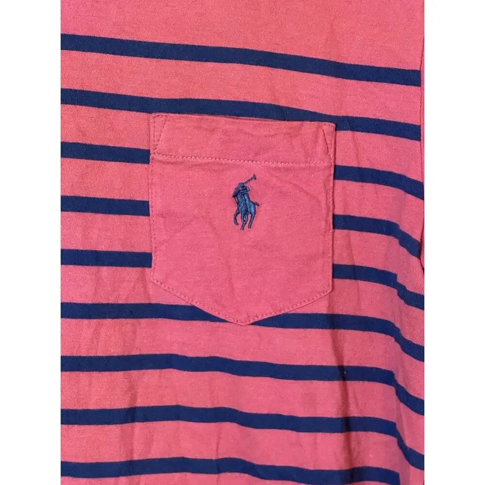 Polo Ralph Lauren T-Shirt Mens Large Coral Red Navy Striped Pocket Slim Nautical